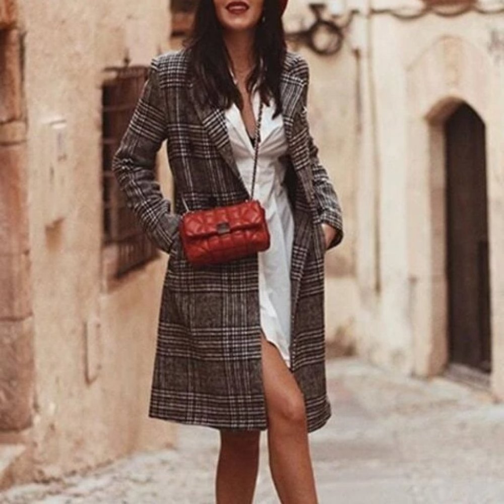 plaid Print Double Breasted Pea Overcoat jacket fall/winter - Picture 6 of 15